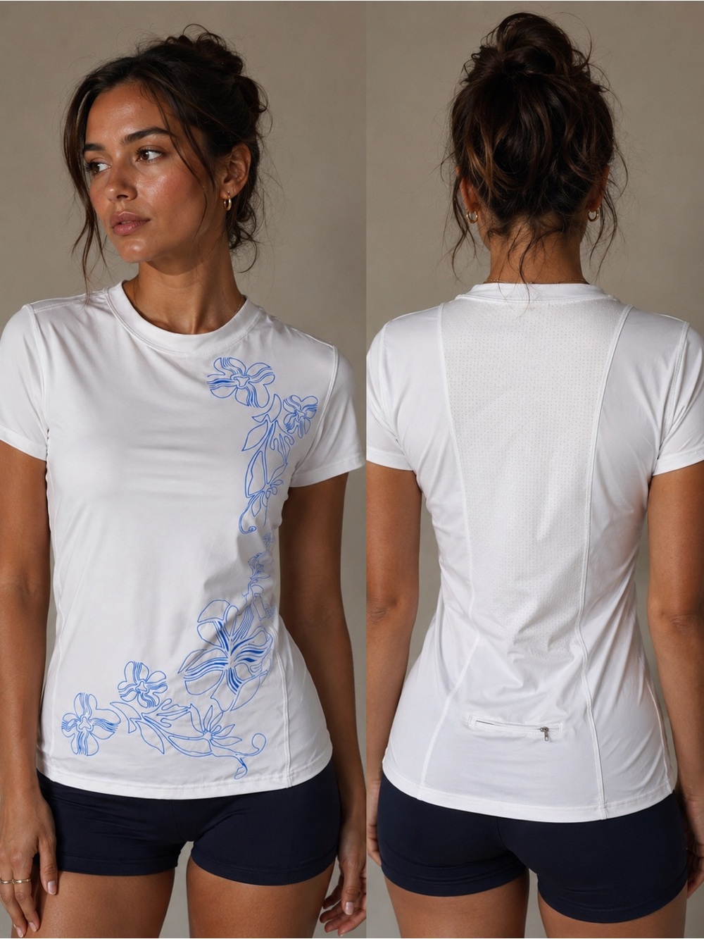 Athleta White Short Sleeve Tee with Blue Floral Outline